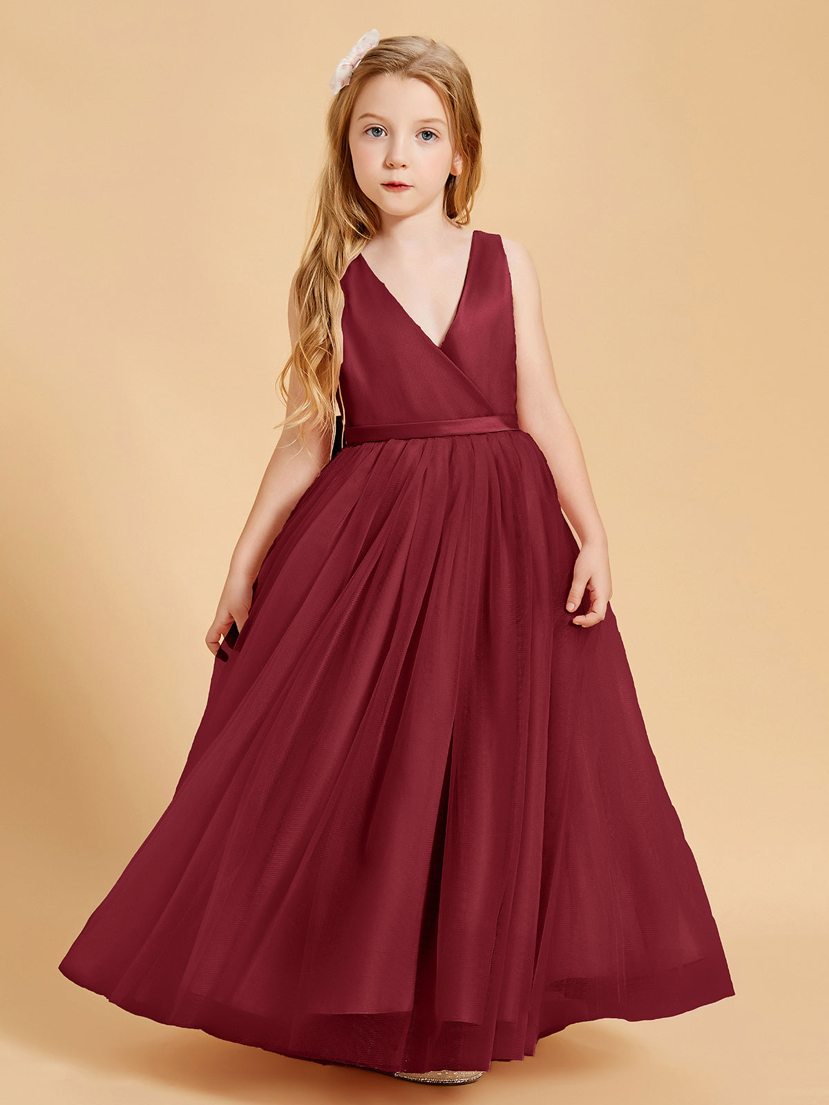 Tulle Junior Bridesmaid Dresses Satin Top Burgundy